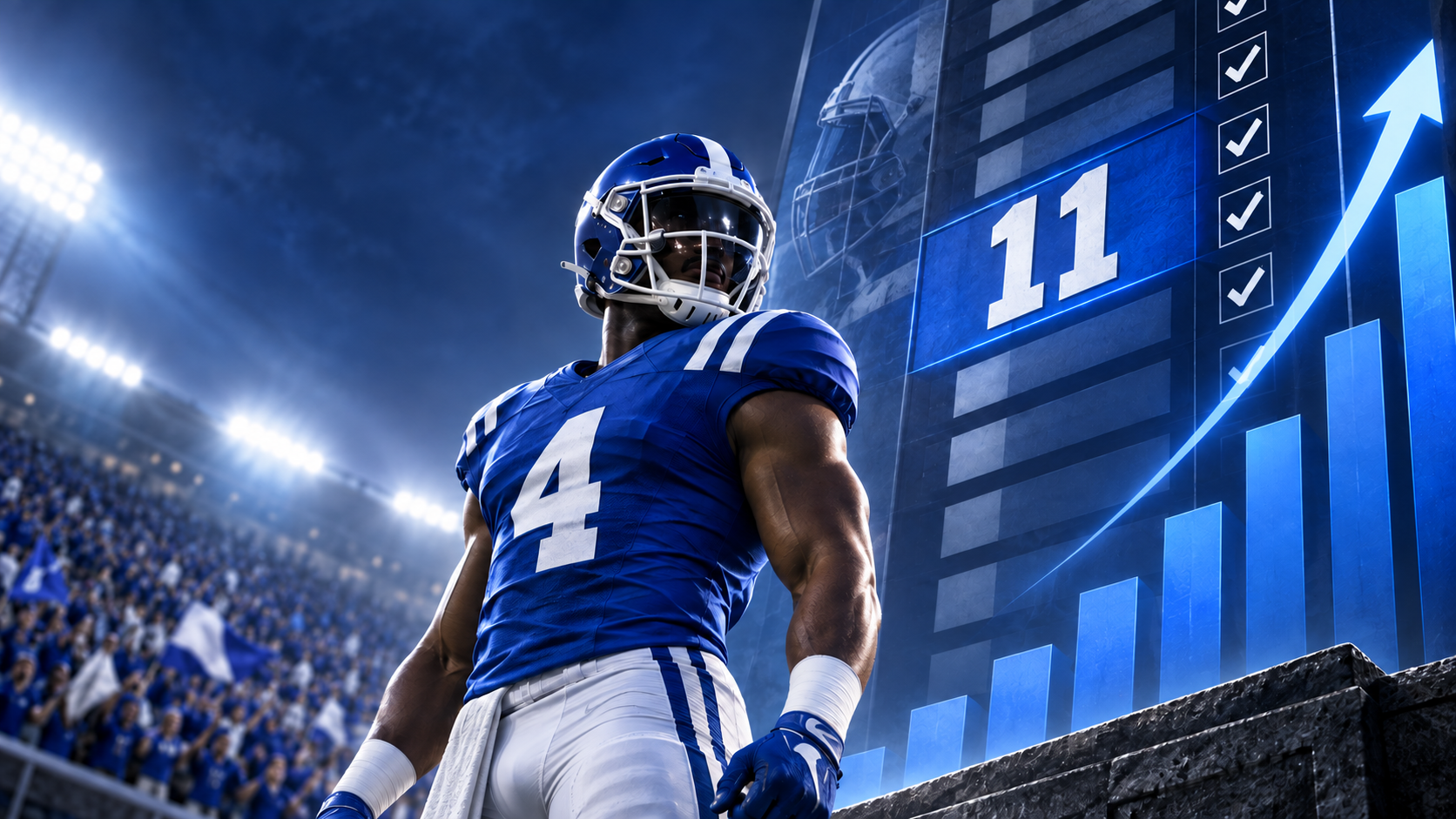 An illustrated royal-blue college football player beside a rising poll chart highlighting No. 11