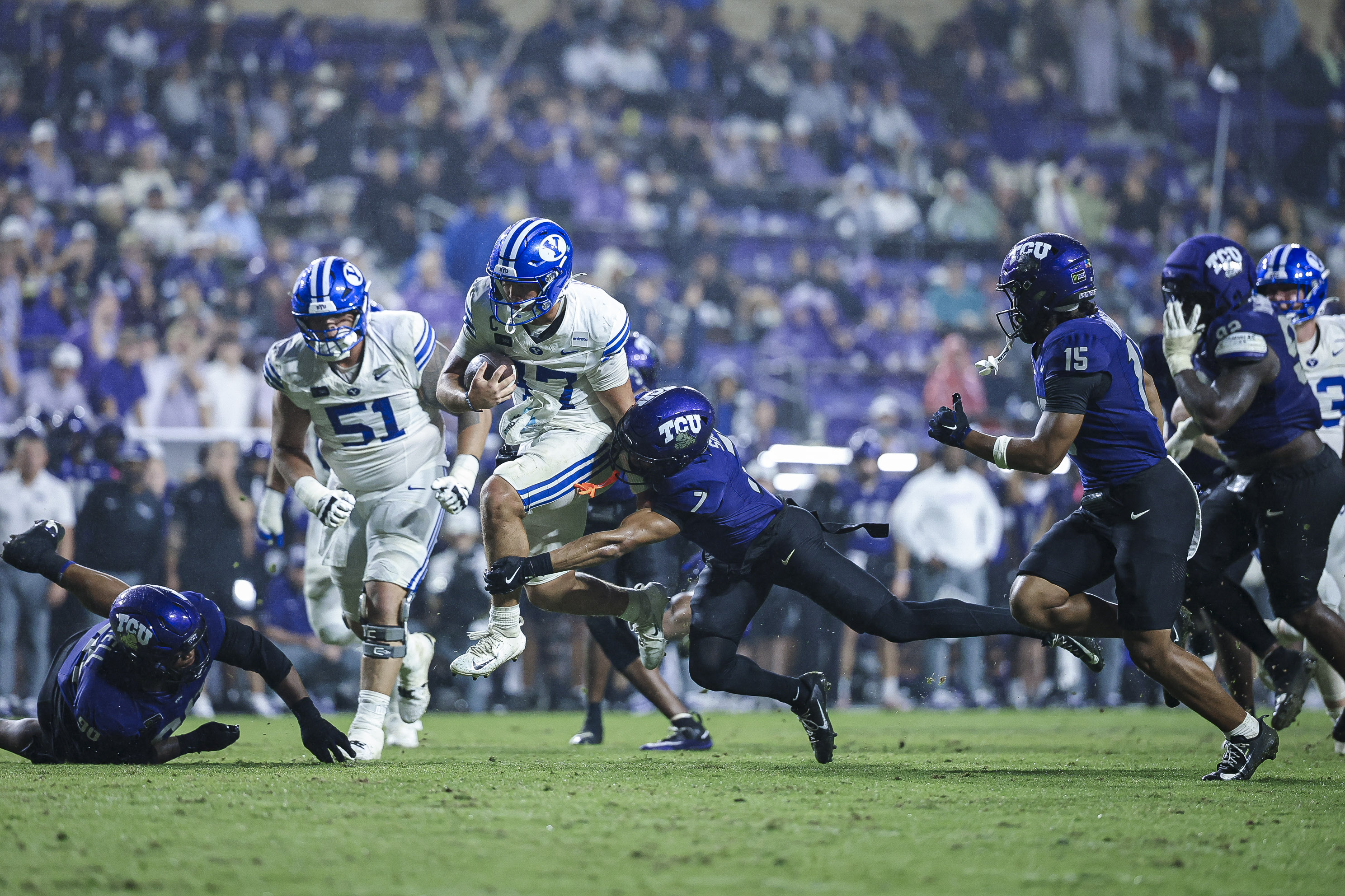 BYU football players celebrating after a 2026 road win.
