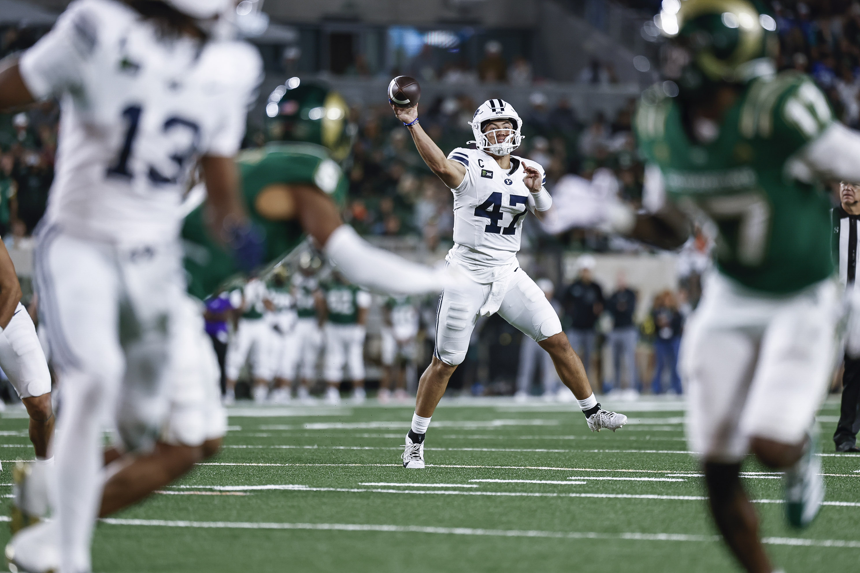 BYU quarterback Bear Bachmeier throwing downfield